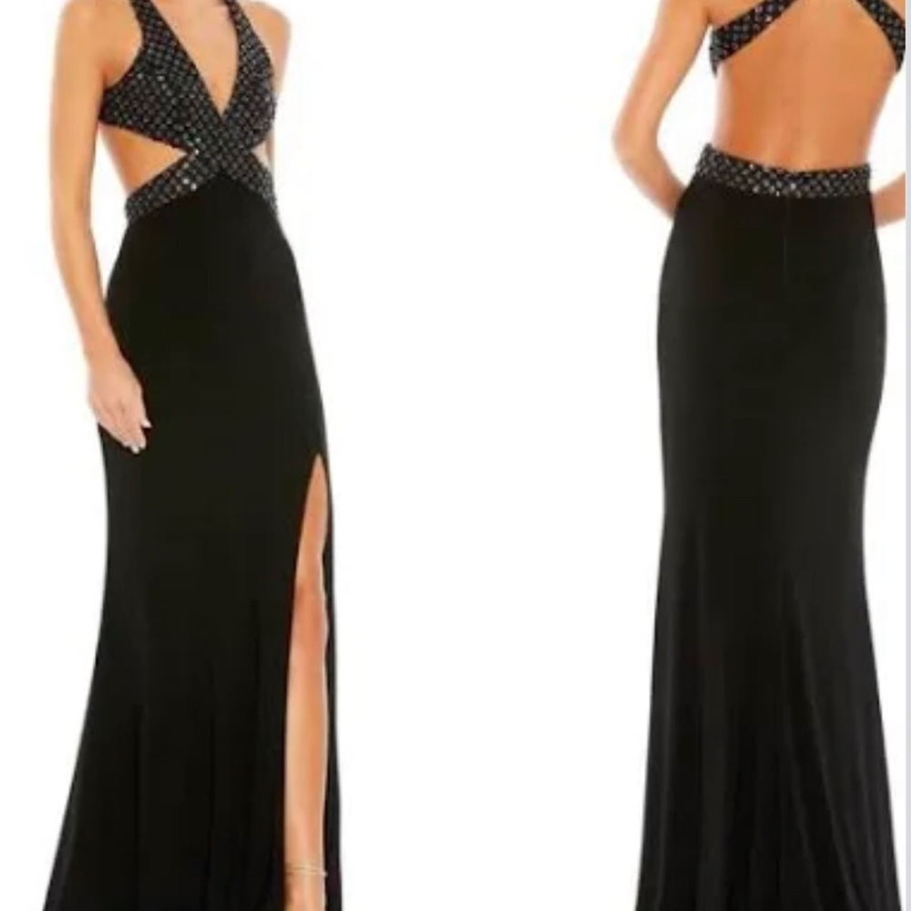 Mac Duggal Black Backless Gown with Silver Accents